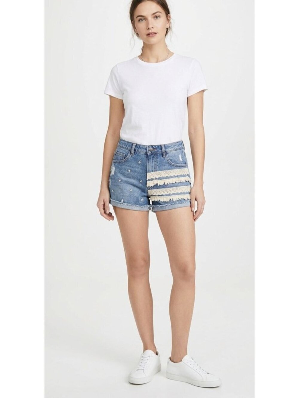 Chiole Denim Architect Embroidered Star Lace Shorts Distressed